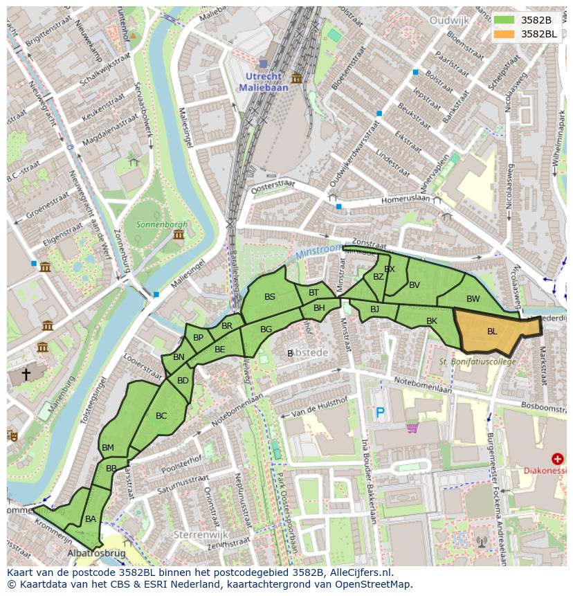 Afbeelding van het postcodegebied 3582 BL op de kaart.