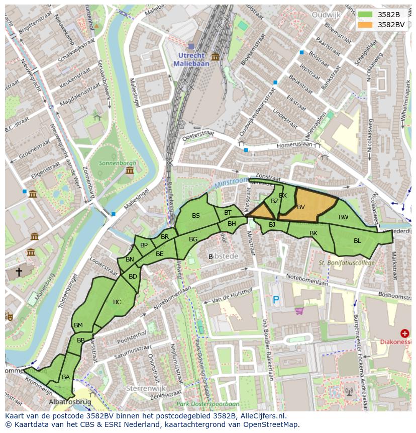 Afbeelding van het postcodegebied 3582 BV op de kaart.