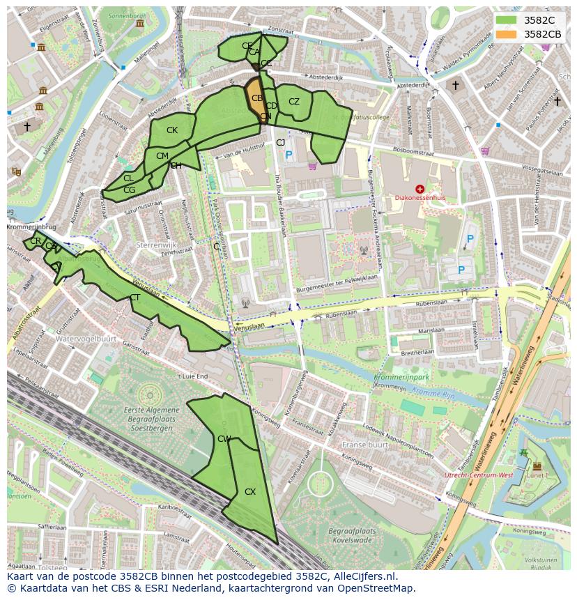 Afbeelding van het postcodegebied 3582 CB op de kaart.