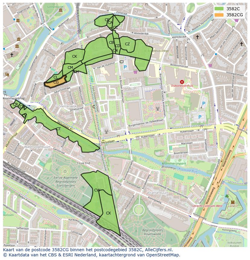 Afbeelding van het postcodegebied 3582 CG op de kaart.