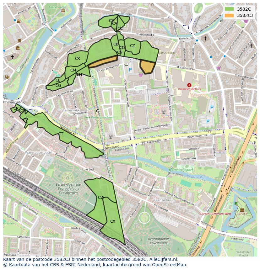 Afbeelding van het postcodegebied 3582 CJ op de kaart.