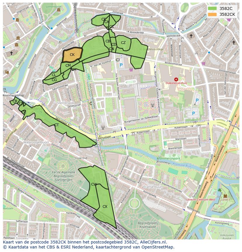 Afbeelding van het postcodegebied 3582 CK op de kaart.