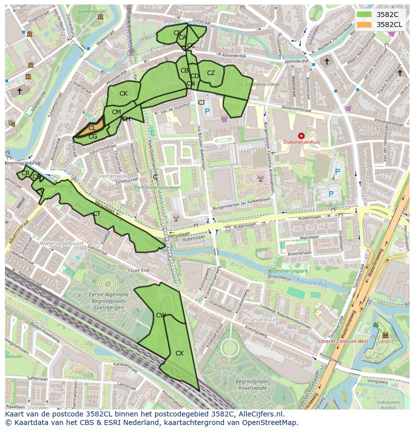 Afbeelding van het postcodegebied 3582 CL op de kaart.