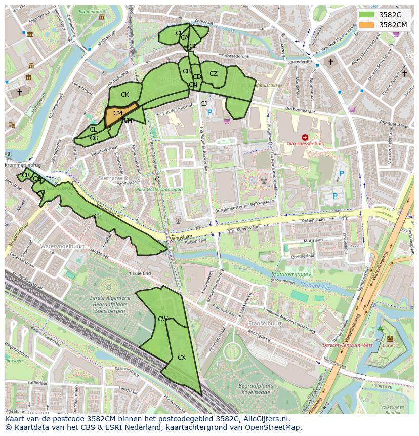 Afbeelding van het postcodegebied 3582 CM op de kaart.