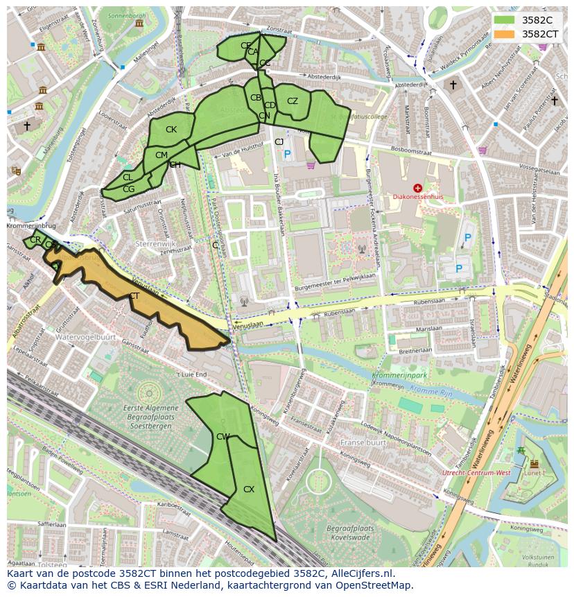 Afbeelding van het postcodegebied 3582 CT op de kaart.