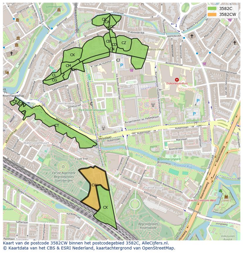 Afbeelding van het postcodegebied 3582 CW op de kaart.