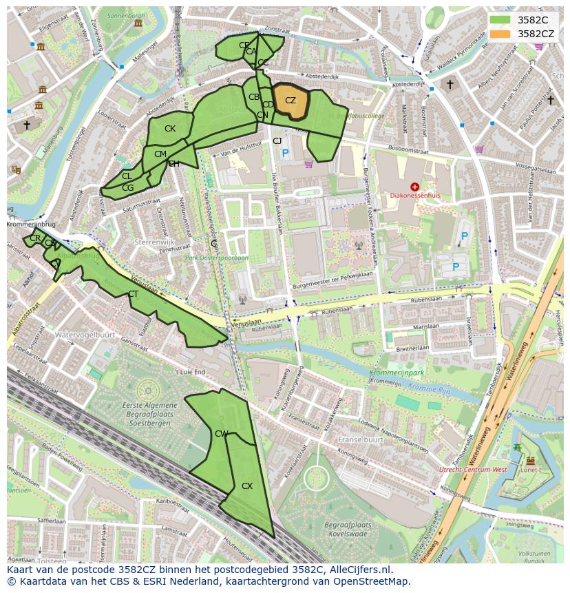 Afbeelding van het postcodegebied 3582 CZ op de kaart.