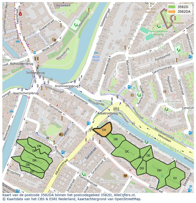 Afbeelding van het postcodegebied 3582 DA op de kaart.