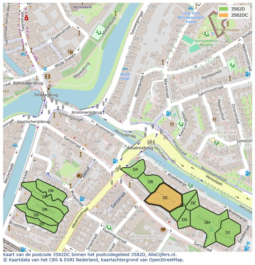 Afbeelding van het postcodegebied 3582 DC op de kaart.