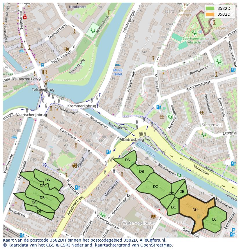 Afbeelding van het postcodegebied 3582 DH op de kaart.