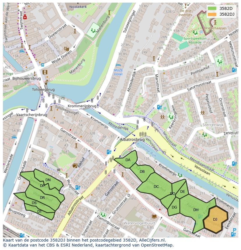 Afbeelding van het postcodegebied 3582 DJ op de kaart.