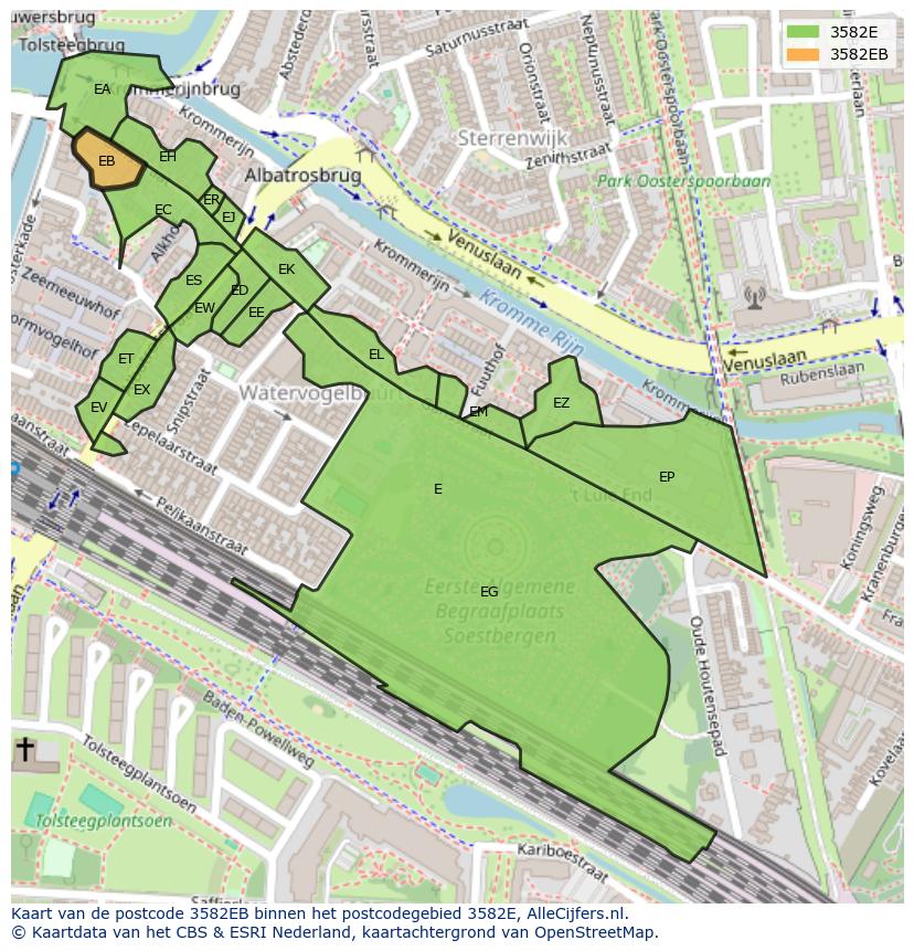 Afbeelding van het postcodegebied 3582 EB op de kaart.