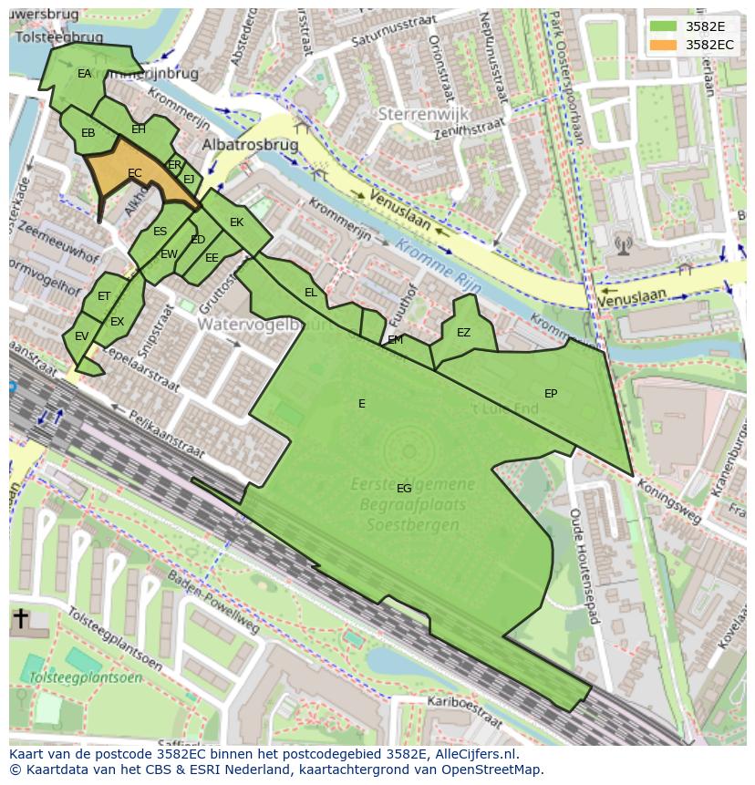 Afbeelding van het postcodegebied 3582 EC op de kaart.