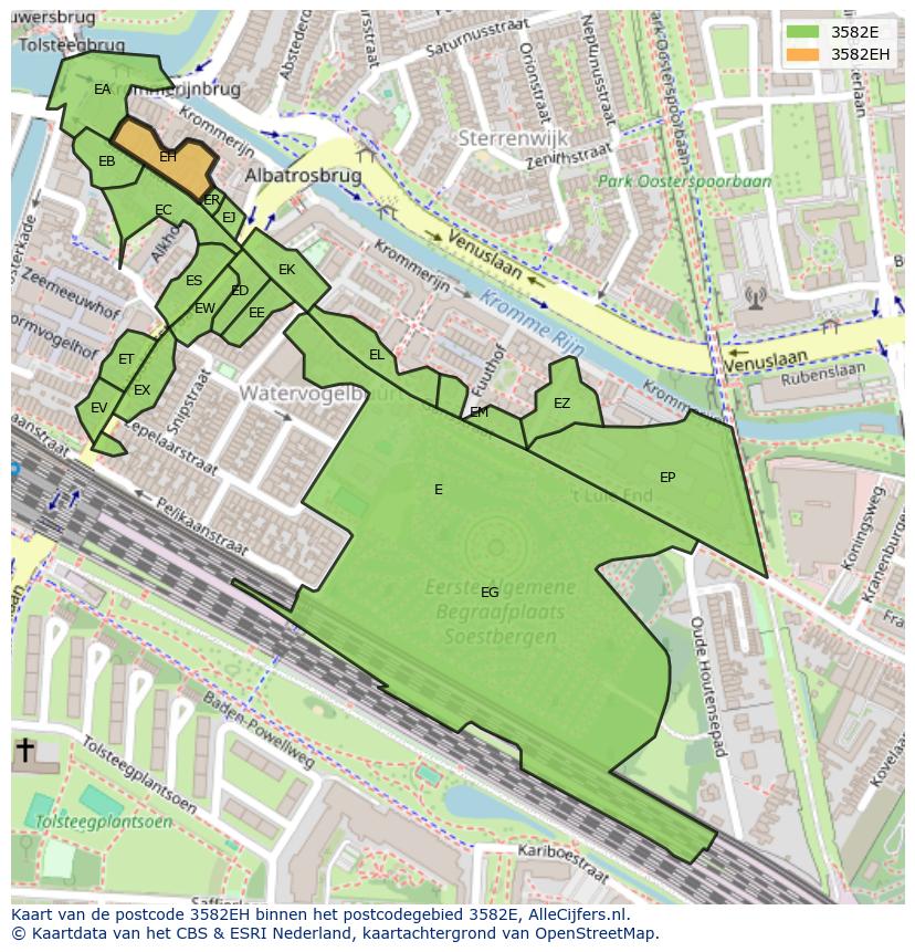 Afbeelding van het postcodegebied 3582 EH op de kaart.