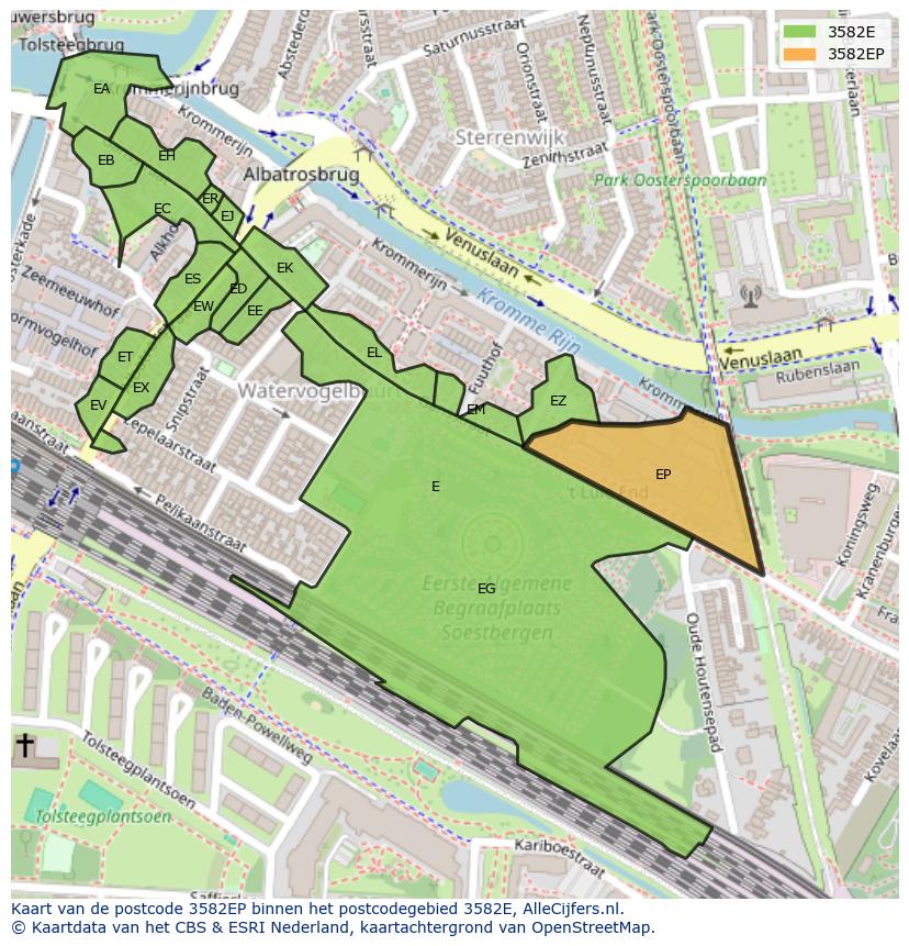 Afbeelding van het postcodegebied 3582 EP op de kaart.