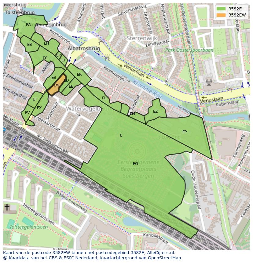 Afbeelding van het postcodegebied 3582 EW op de kaart.