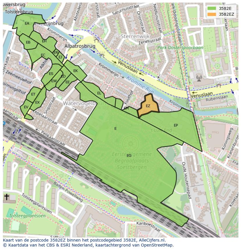 Afbeelding van het postcodegebied 3582 EZ op de kaart.