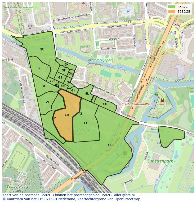 Afbeelding van het postcodegebied 3582 GB op de kaart.