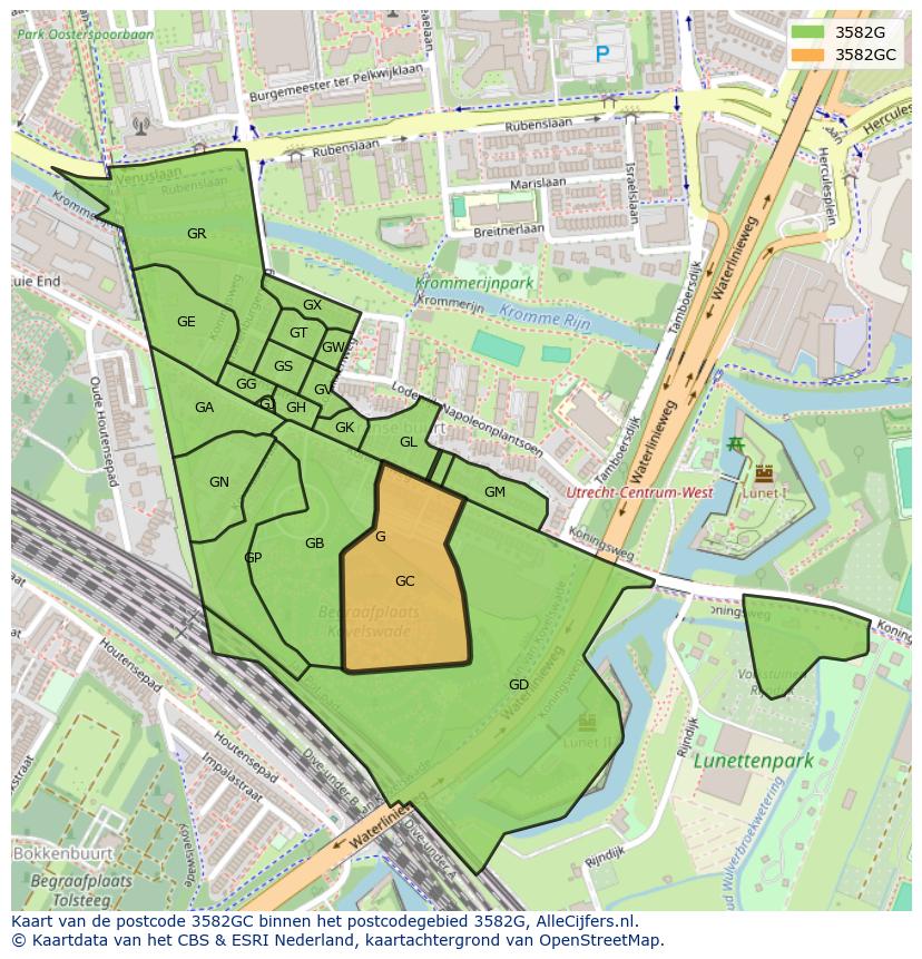 Afbeelding van het postcodegebied 3582 GC op de kaart.
