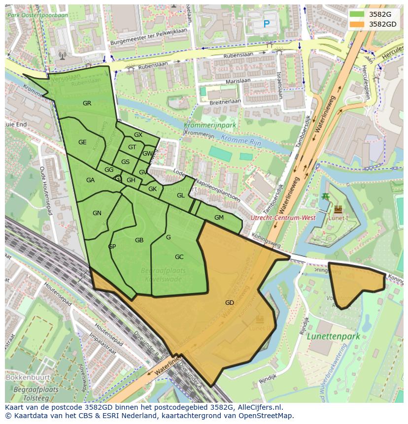 Afbeelding van het postcodegebied 3582 GD op de kaart.