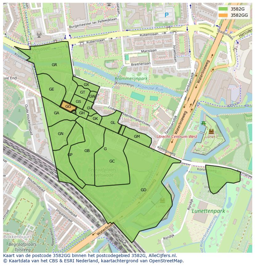 Afbeelding van het postcodegebied 3582 GG op de kaart.