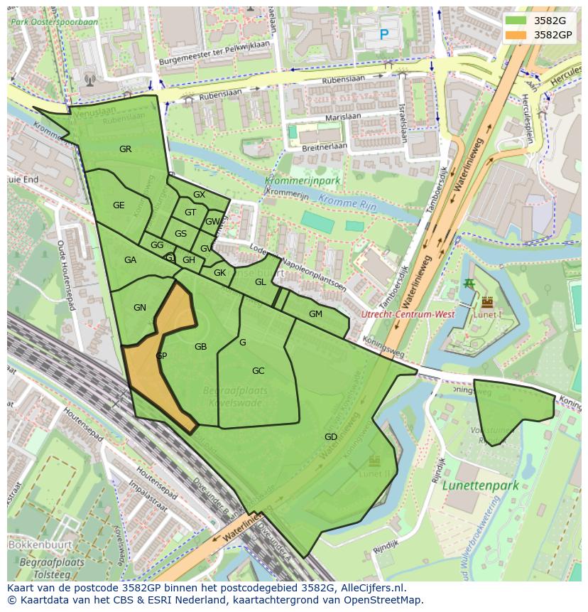 Afbeelding van het postcodegebied 3582 GP op de kaart.