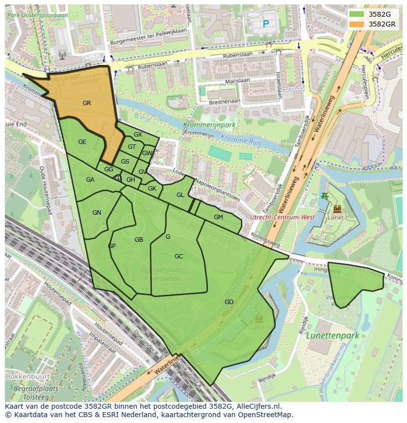 Afbeelding van het postcodegebied 3582 GR op de kaart.