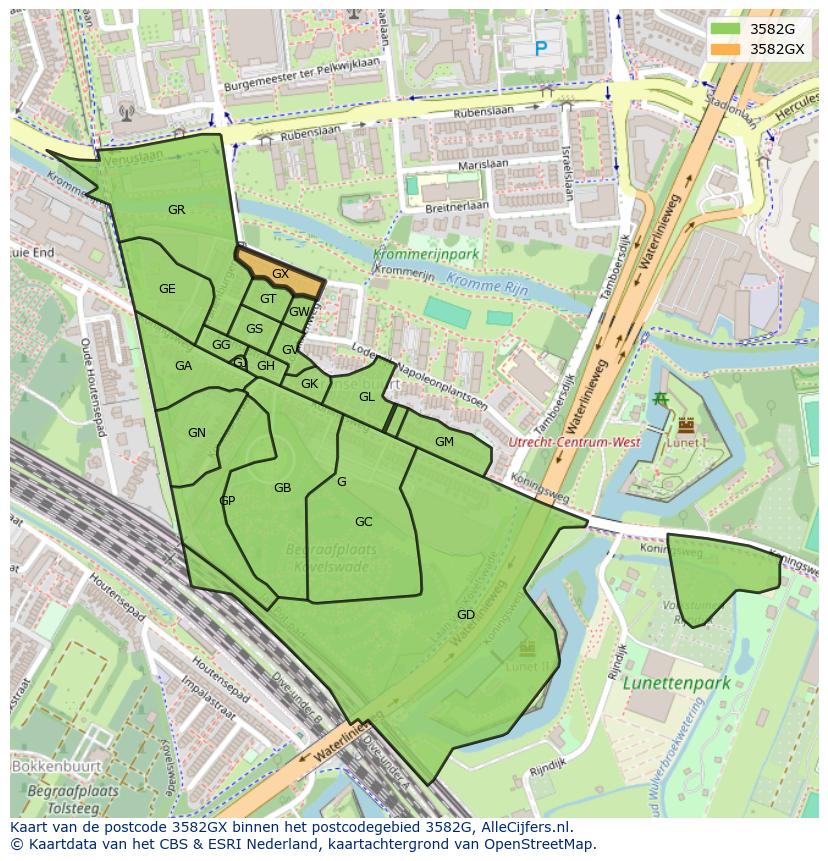 Afbeelding van het postcodegebied 3582 GX op de kaart.