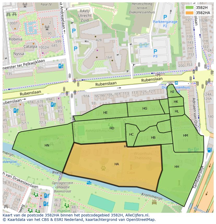 Afbeelding van het postcodegebied 3582 HA op de kaart.