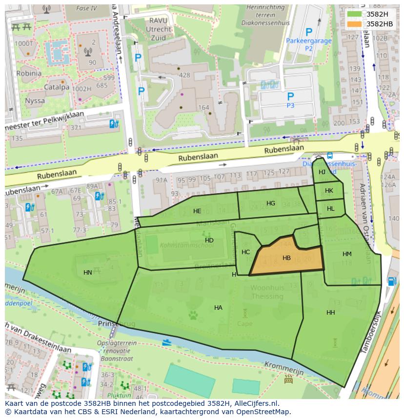 Afbeelding van het postcodegebied 3582 HB op de kaart.