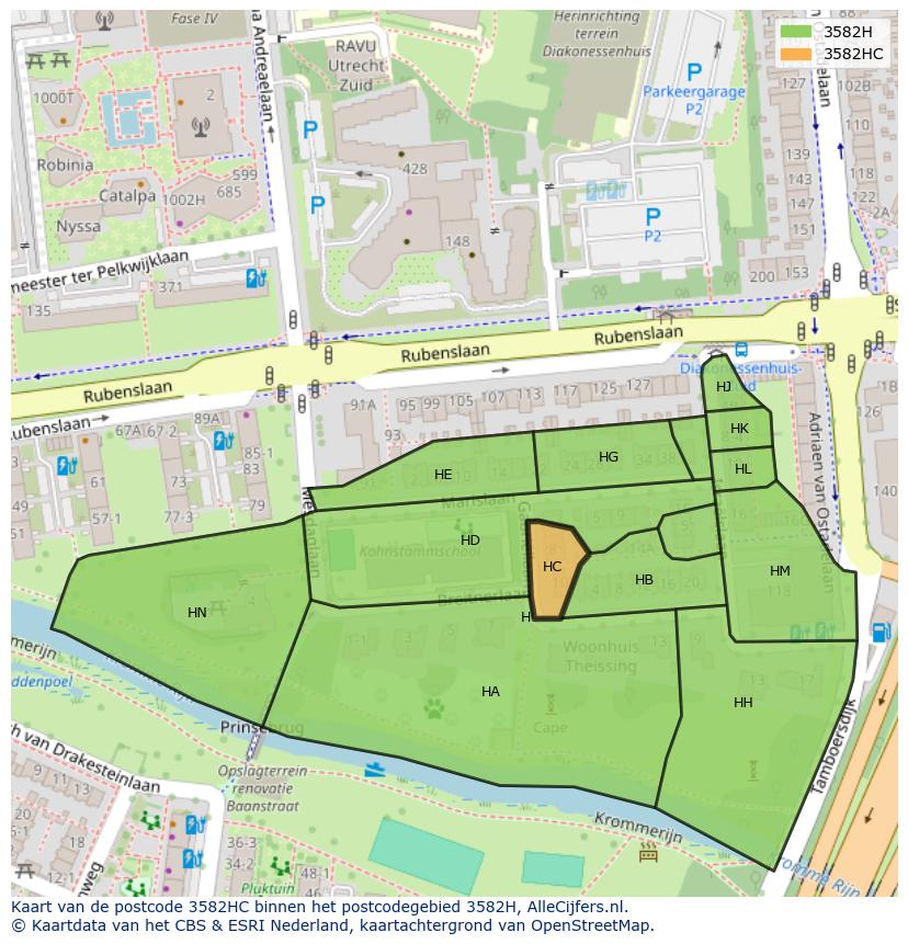 Afbeelding van het postcodegebied 3582 HC op de kaart.