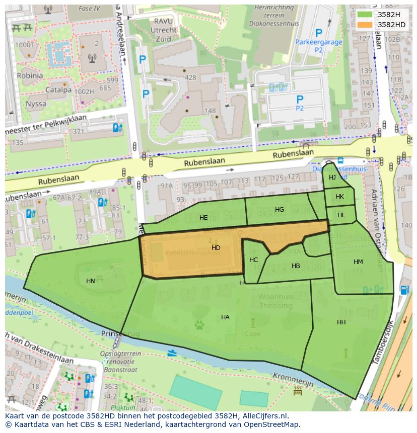 Afbeelding van het postcodegebied 3582 HD op de kaart.