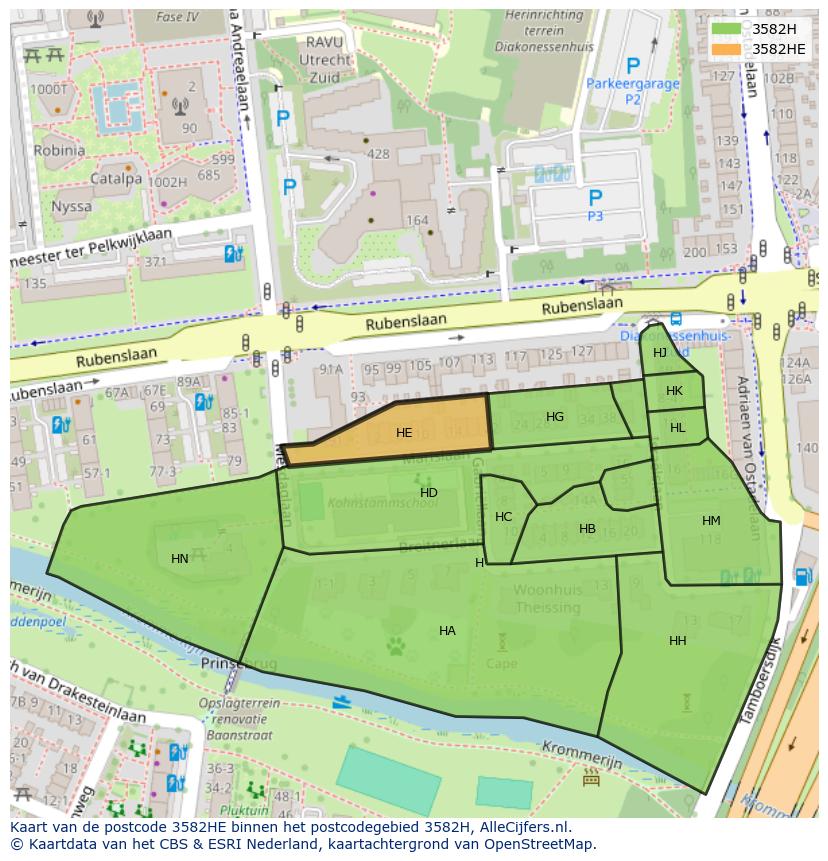 Afbeelding van het postcodegebied 3582 HE op de kaart.