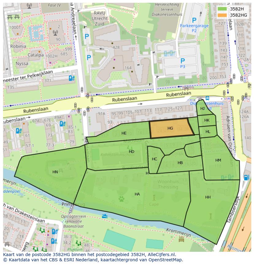 Afbeelding van het postcodegebied 3582 HG op de kaart.