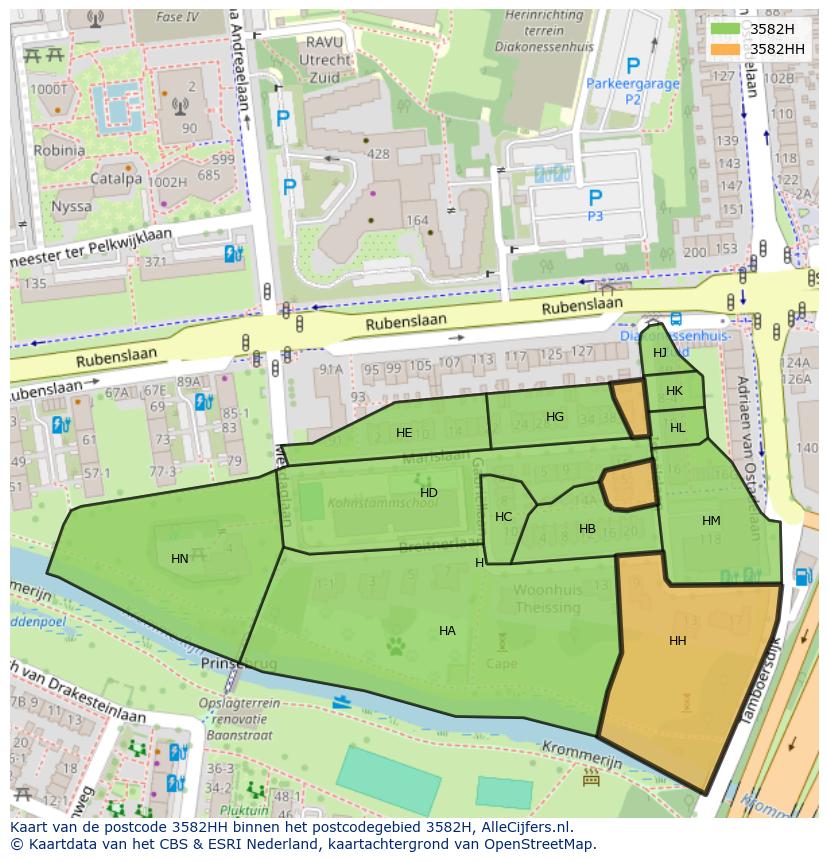 Afbeelding van het postcodegebied 3582 HH op de kaart.