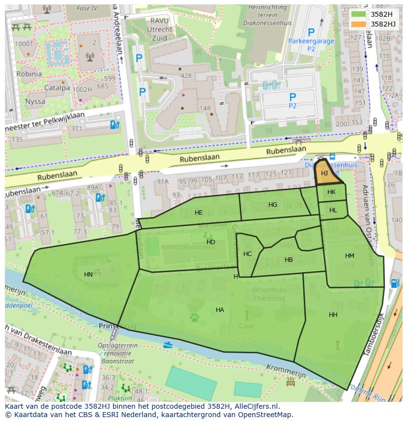 Afbeelding van het postcodegebied 3582 HJ op de kaart.