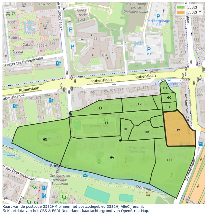Afbeelding van het postcodegebied 3582 HM op de kaart.