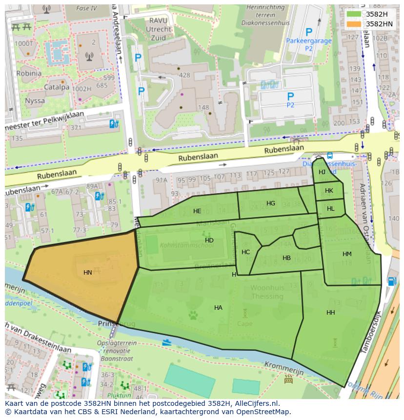 Afbeelding van het postcodegebied 3582 HN op de kaart.