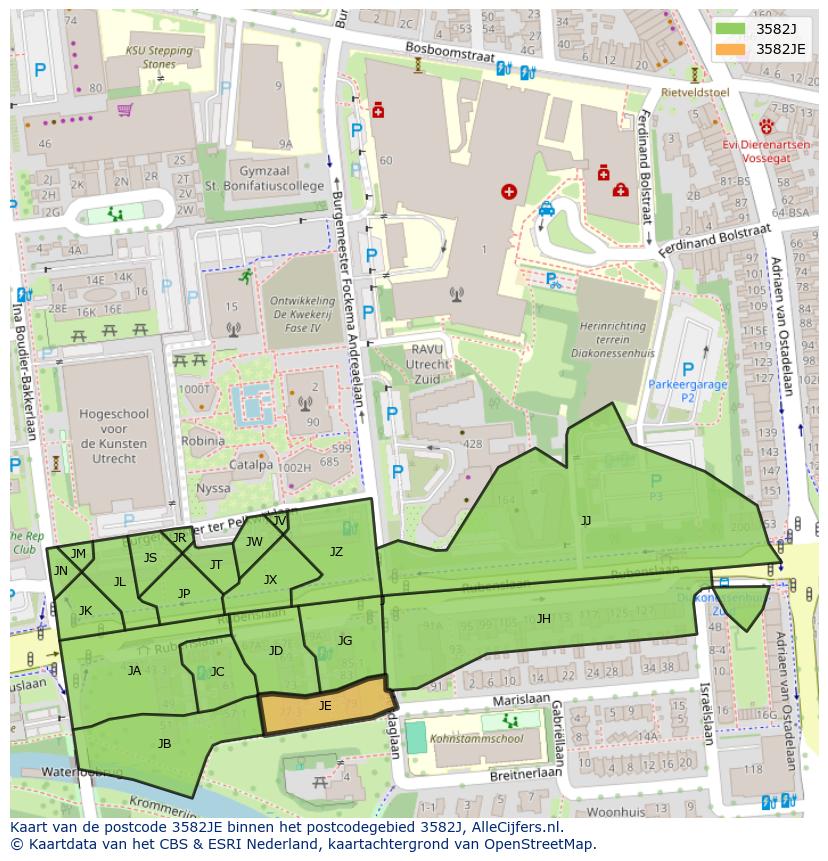 Afbeelding van het postcodegebied 3582 JE op de kaart.
