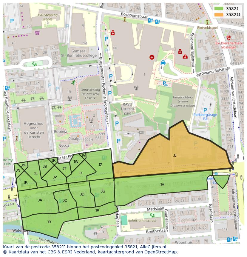 Afbeelding van het postcodegebied 3582 JJ op de kaart.