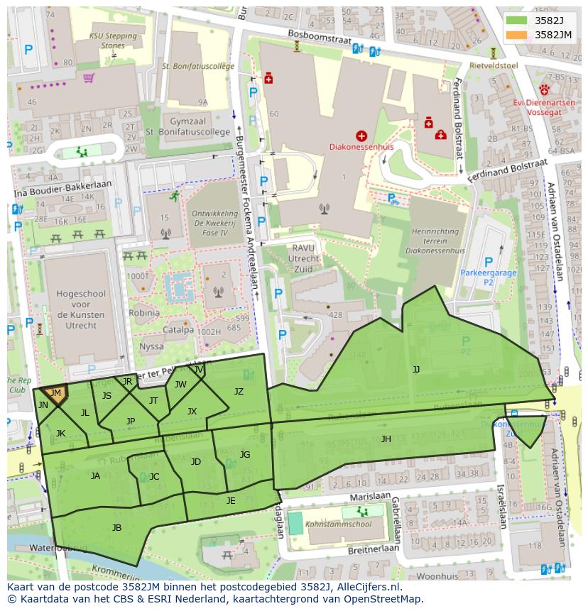 Afbeelding van het postcodegebied 3582 JM op de kaart.