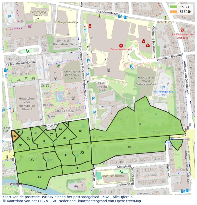Afbeelding van het postcodegebied 3582 JN op de kaart.