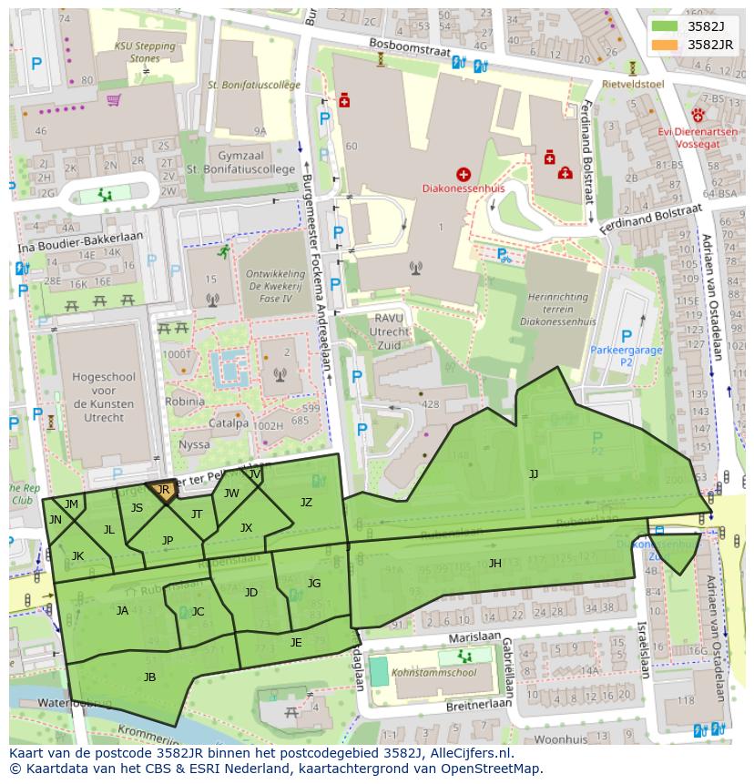Afbeelding van het postcodegebied 3582 JR op de kaart.