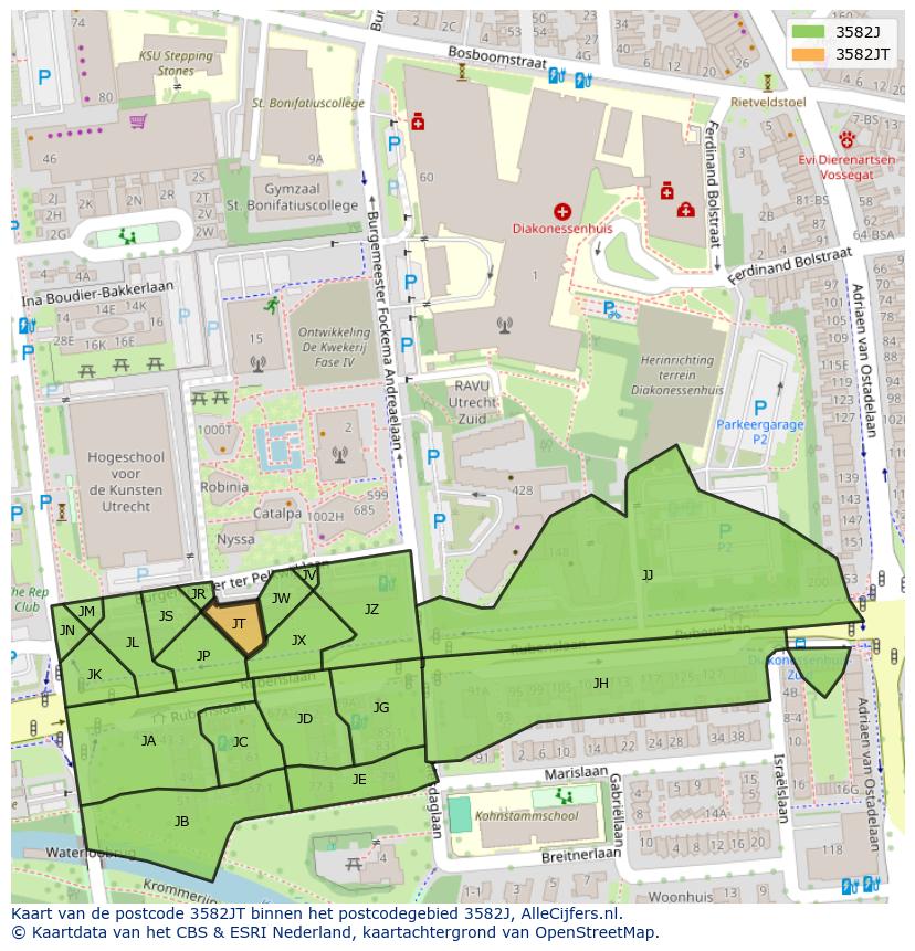 Afbeelding van het postcodegebied 3582 JT op de kaart.