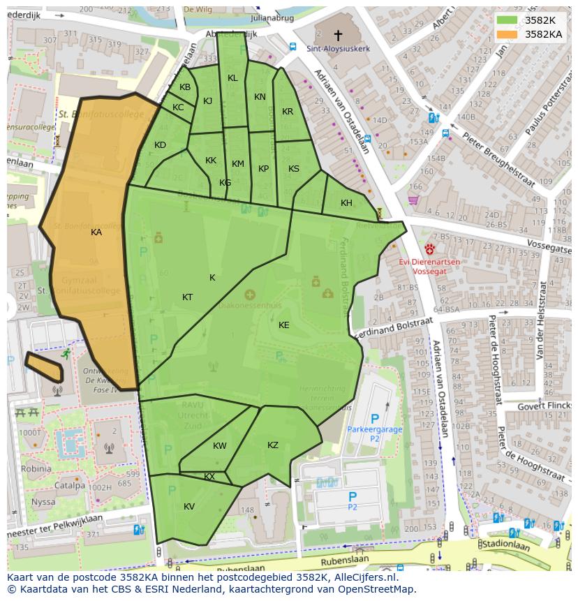 Afbeelding van het postcodegebied 3582 KA op de kaart.