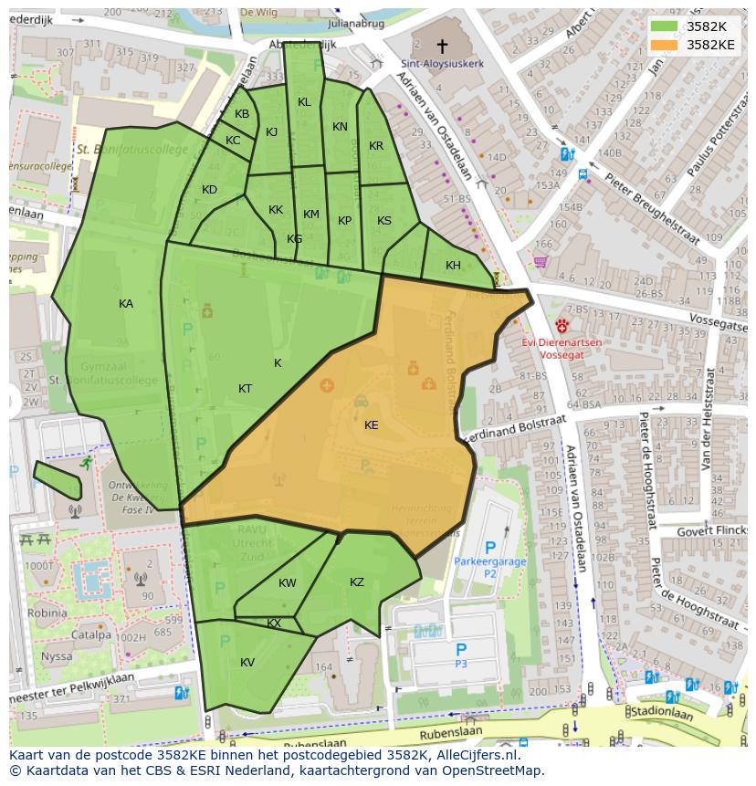 Afbeelding van het postcodegebied 3582 KE op de kaart.