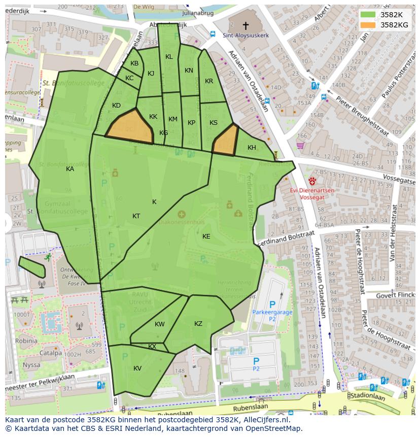 Afbeelding van het postcodegebied 3582 KG op de kaart.