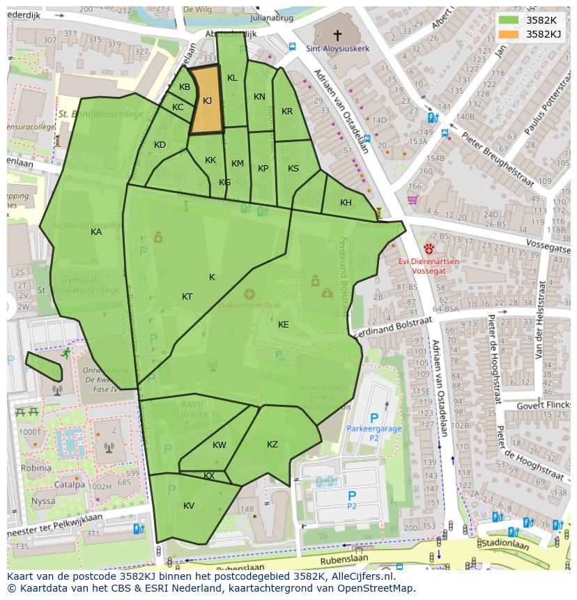 Afbeelding van het postcodegebied 3582 KJ op de kaart.