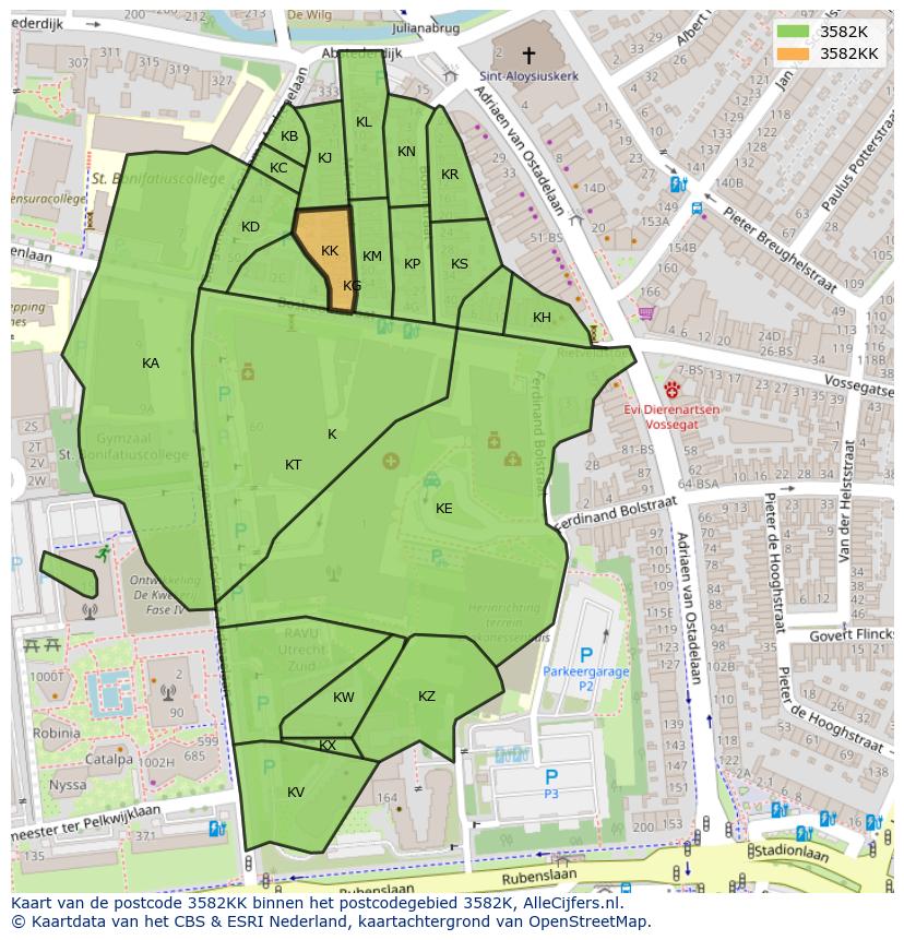 Afbeelding van het postcodegebied 3582 KK op de kaart.