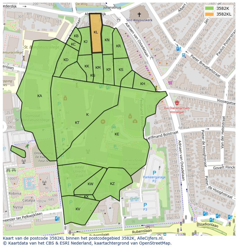Afbeelding van het postcodegebied 3582 KL op de kaart.